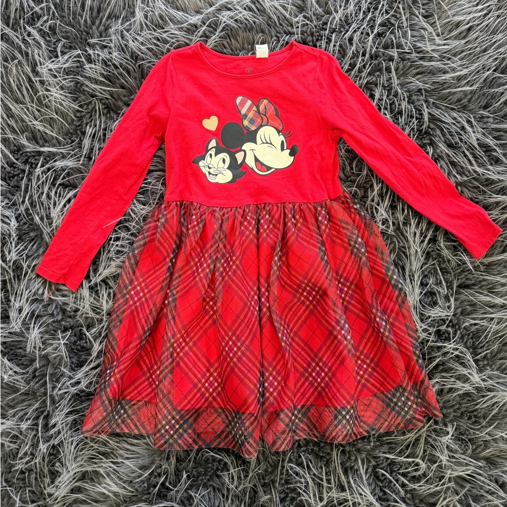H&M Red Plaid Long-Sleeve Girls' Dress with Minnie Mouse print